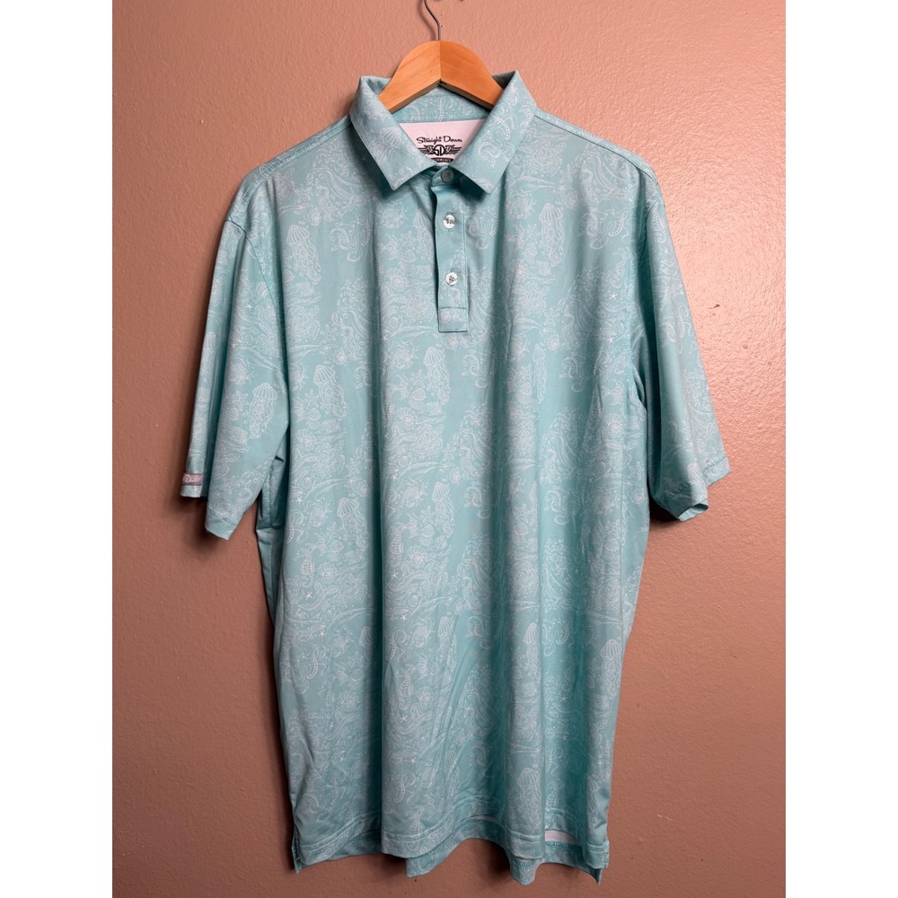 Straight Down Performance Polo Men XL Turquoise Sea Life Graphic Golf Shirt